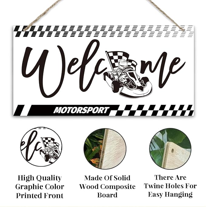 Welcome Sign for Front Door, Playroom Wall Decor, Motorsport Theme Wall Hanging Decor, Gift for Motorsport Lover, Funny Wooden Outdoor Front Door Hanging Decoration 13.8X6.9 inches