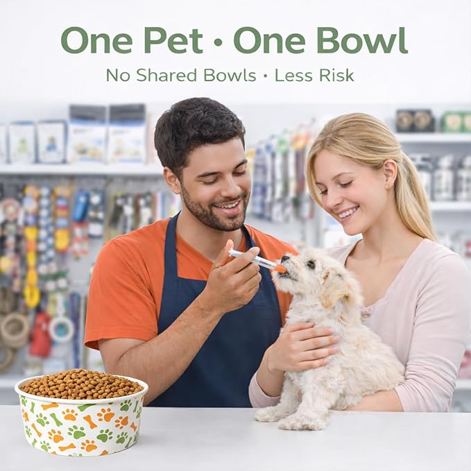 60 Pcs 42 oz/ 5.2 Cups Disposable Pet Bowls with Waterproof PE Coating, Heavy Duty Leakproof Bulk Dog Bowls with Printed Pattern for Multi-Dog Homes, Puppies, Travel, Camping & Pet Party