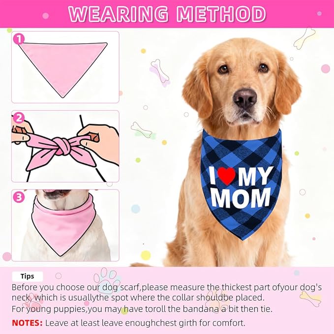 GreenJoy Cute Plaid Dog Bandana – Washable Pet Triangle Scarf for Small, Medium, Large Dogs and Cats, Adjustable Pet Accessory for Birthday, Wedding and Christmas (Blue (Mom), Small)