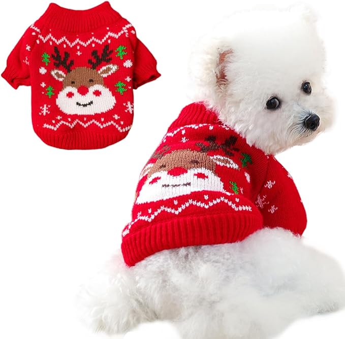 Christmas Dog Outfit Red Puppy Sweater for Small Dogs Girl Boy Elk Snowflake Cat Knitwear Reindeer Knitted Pet Clothes Santa Deer Costume for Chihuahua Yorkie Poodle (Red-2, Large)