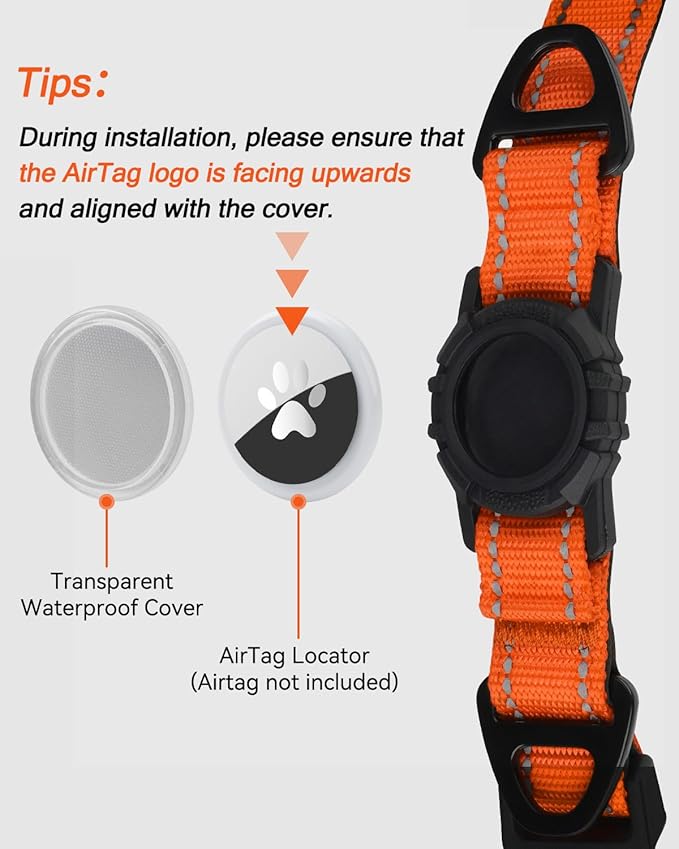 Joytale Airtag Dog Collar, Reflective Pet Collar with Waterproof AirTag Holder, Dual D-Rings, Soft Padded Adjustable for Large Dogs, Orange, L