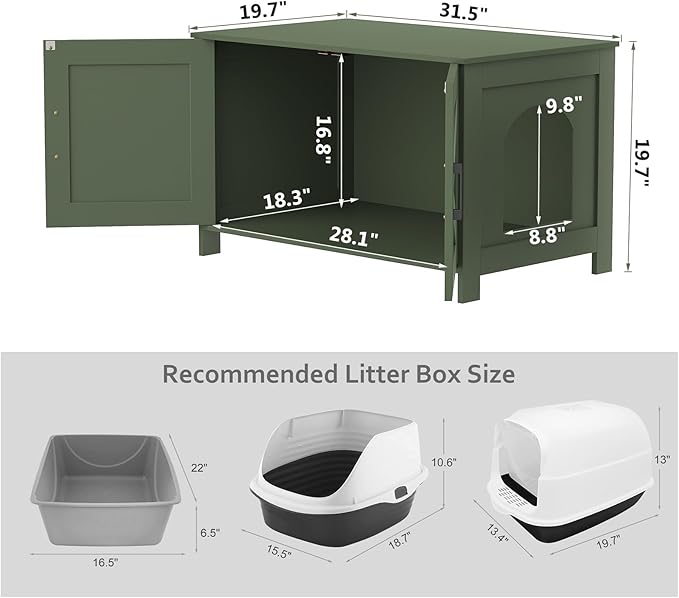 Homhedy Cat Litter Box Enclosure,Litter Box Furniture Hidden with Barn Door,Wooden Cat Washroom Furniture,Fit Most of Litter Box, Green, CL50L