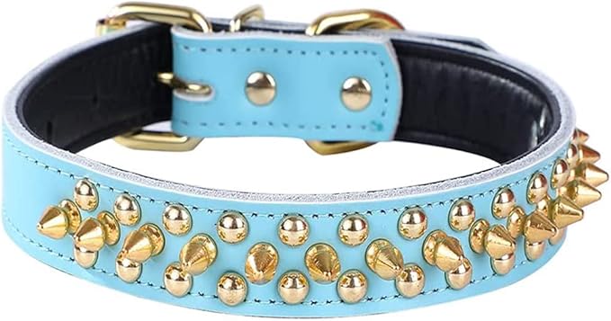 Spiked Studded Dog Collar, Genuine Leather Dog Collar, Adjustable Pet Collars for Medium Large Bulldog Pitbull Mastiff Poodle Boxer (L:37-47cm, Blue)