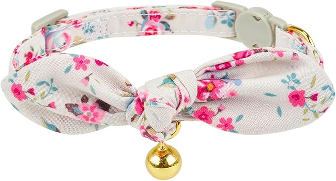 Bowtie Cat Collar with Bell, 2 Pack Cotton Breakaway Kitten Collars with Removeable Bow Girl Cat Collars, Floral Yellow & Beige