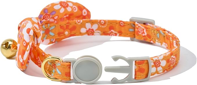 2 Pack Cotton Cat Collar, Removable Bowtie, Floral Pattern, Safety Breakaway Clasp, Adjustable for Cats.(Adult Cat, Orange Plaid and Floral)