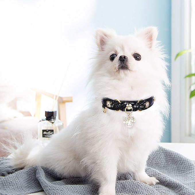 PetsHome Cat Collar, Dog Collar, [Bling Rhinestones] PU Leather Adjustable Pet Collar with Luxury Pendant for Cat and Small Dog Extra Small Black