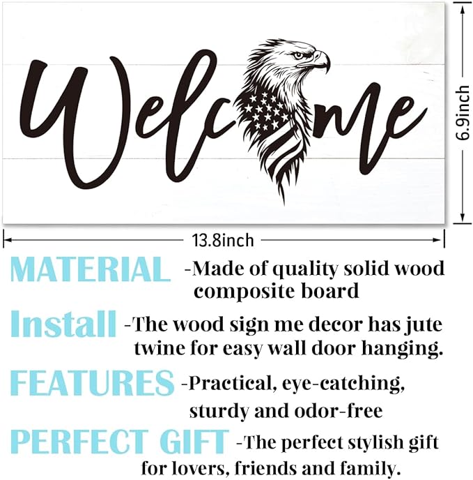 Welcome Sign for Front Door, Welcome Decor Wooden Hanging Sign, Patriotic Theme American Bald Eagle Pattern Wall Hanging Decor, Funny Wooden Outdoor Front Door Decoration 13.8X6.9 inches