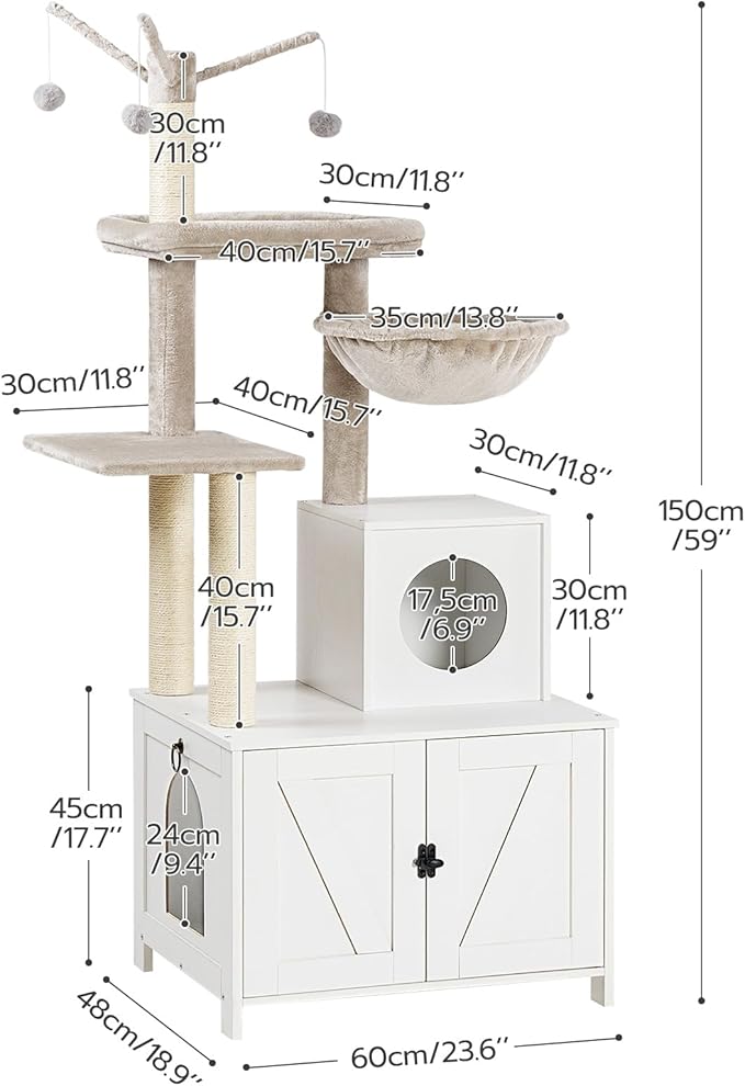 HOOBRO Cat Tree Tower with Litter Box Enclosure for Indoor, Wooden Cat Condo with Scratching Posts, Litter Box Furniture Hidden, All-in-One Cat House, White WT15MZ03
