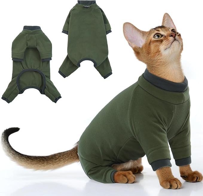 PUMYPOREITY Sticky Hair Cat Clothes, Prevent Hair Loss Cat Pajamas, Soft Cat Sweaters for Cats Only, Cat Hair Sticky Onesie, Cat Recovery Suit After Surgery, Green, S