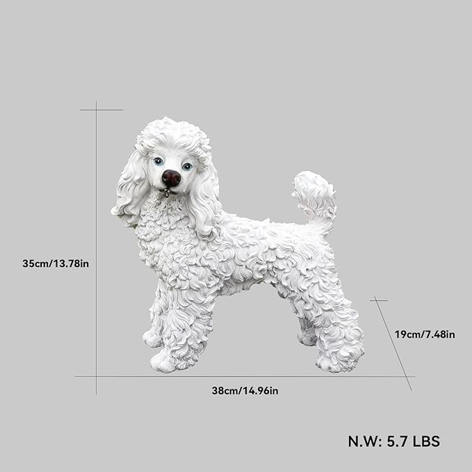 Poodle Statue Outdoor Decorations – Dog Statues Outdoor Standing White Poodle with Removable Solar Light & Welcome Sign for Lawn Décor