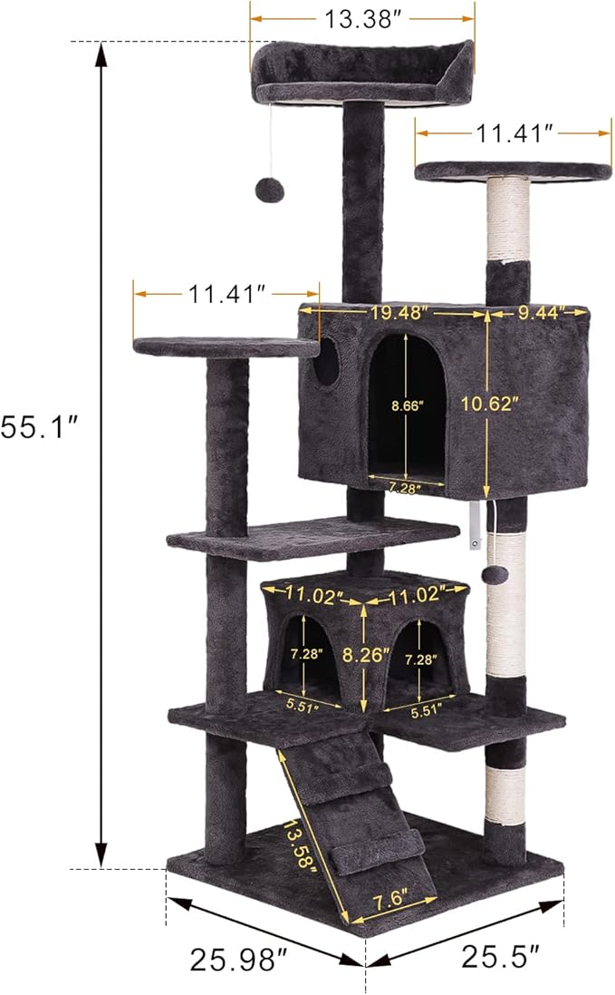 54-inch Cat Tree with Sisal-Covered Scratching Posts, Sturdy Standing Cat Tower for Indoor Kittens, Multi-Level Platforms, Perches, Condo and Hanging Ball for Cats to Play and Sleep