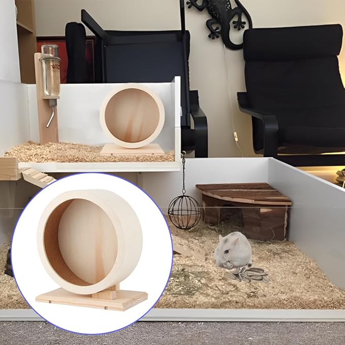 Wooden Hamster Exercise Wheel, Silent Silent Running Wheel Wooden Small Pets Quiet Spinner Play Toy Cage Accessories for Dwarf Syrian Hamster Rat Gerbil Mice Guinea Pigs(S)