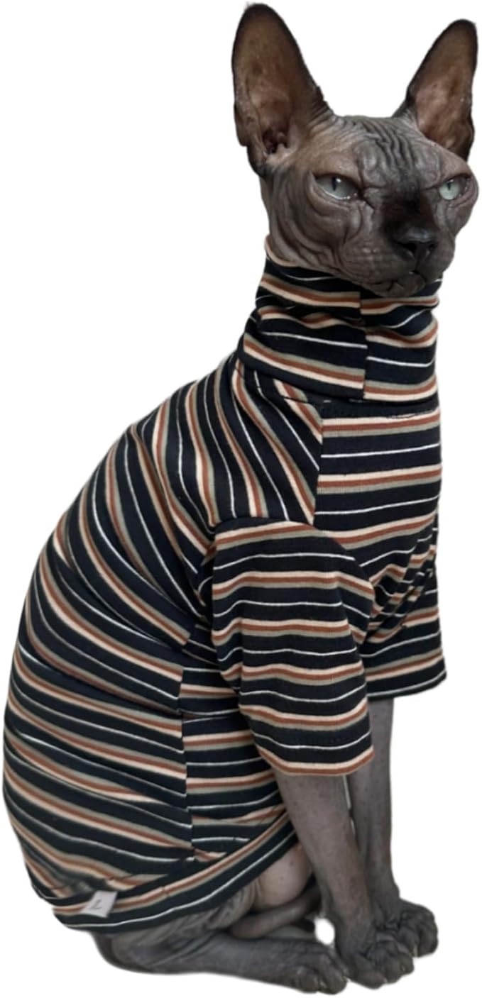 Vintage Stripes Sphynx Hairless Cats Shirt Cotton Cat Turtleneck Pet Clothes Kitten T-Shirts with Sleeves for Sphynx Cats (Vintage Black, Small)