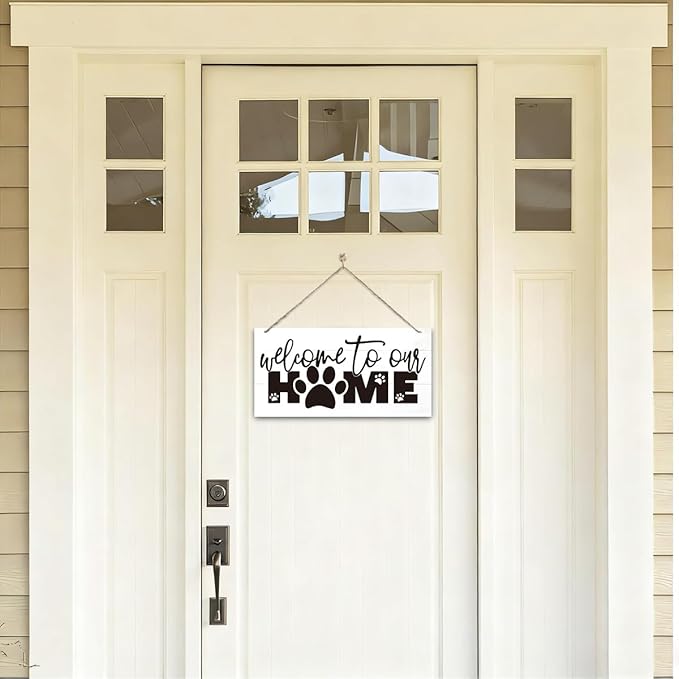 Welcome Sign for Front Door, Front Door Decor Wooden Hanging Sign for Wall Decor, Welcome to Our Home, Pet Lover Wall Signs, Rustic Funny Wooden Outdoor Hanging Decoration 13.8X6.9 inches