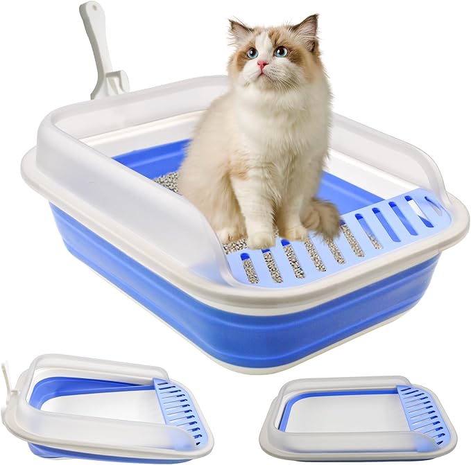 kathson Collapsible Kitten Litter Box,Foldable Anti-Splashing Small Kitty Litter Box Low Entrance Cat Potty Pan with Falling Sand Pedal Waterproof Portable Cat Toilet for Kittens (Blue)