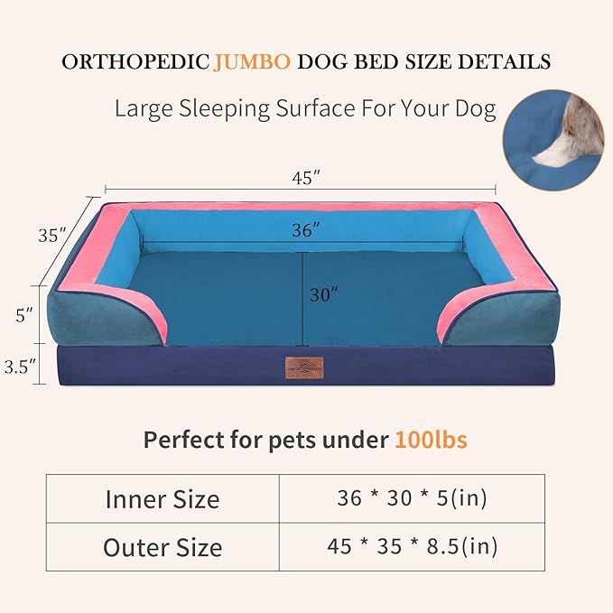 Comfort Expression Orthopedic Dog Bed for Extra Large Dogs 45x35 Inch, Waterproof Egg Crate Foam XL Pet Bed with Removable Bolsters, Dog Couch with Washable Cover & Non-Slip Bottom, Enchanted Cove