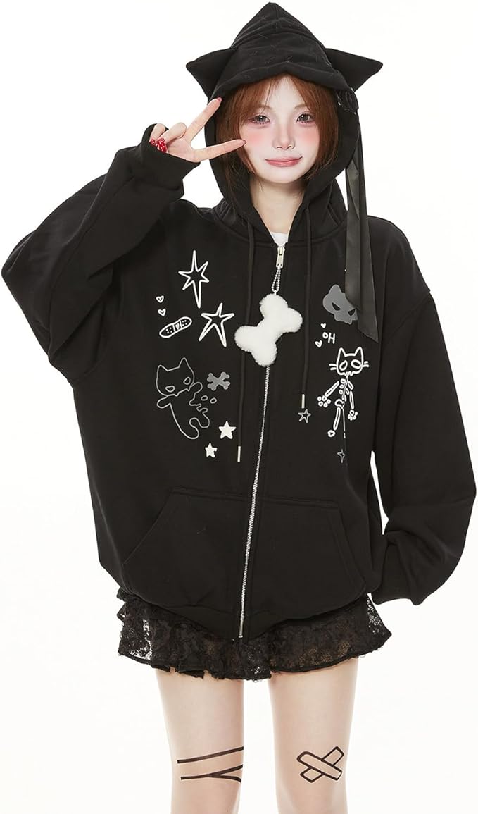 Womens Y2K Zip Up Cute Graphic Hoodies Cat Ears Casual Cartoon Harajuku Kawaii Clothes Oversize Streetwear Jacket