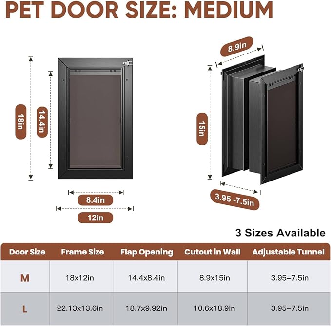 3-Flap Dog Door, All Aluminum Alloy Large Doggy Door Doggie door for Wall, Heavy Duty Pet Door Easy to Install, Energy Efficient, Telescoping Tunnel for Interior & Exterior Wall, Pet Up to 110Lb-Black
