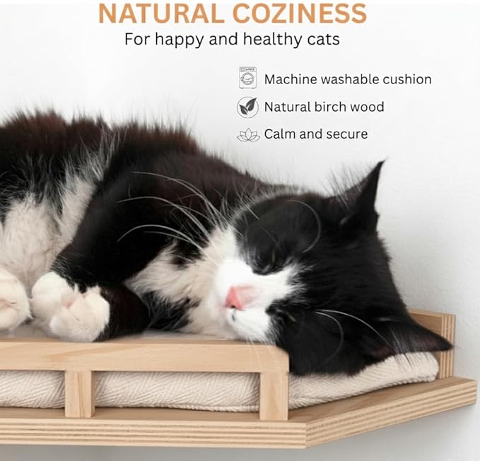 INICIO Cat Wall Shelves - Safe and Sturdy Cat Wall Furniture - Stylish Corner Shelf with 3 Steps for Cats up to 15lbs - Cushioned Perch and Stairs for Climbing and Playing - Natural Wood