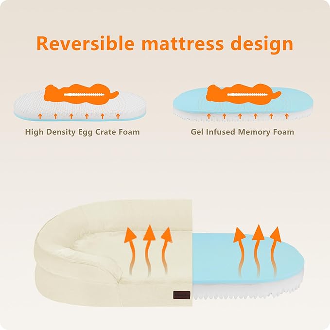 Dwanton Orthopedic Dog Bed for Medium Dogs with Gel Memory Foam, Waterproof Dog Sofa, Washable Pet Bed with Four Sided Bolster Cushion, Removable Cover & Non-Slip Bottom, 35", Beige
