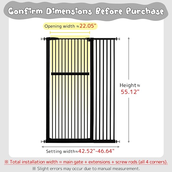Lumizone Extra Tall Pet Gate 55.12" High Pressure Mounted 42.52"-46.64" Extra Wide (9 Sizes) 1.37" Gap for Cat Dog Stairs Doorway Hallway No Drilling Auto-Close (42.52"-46.64" W, Black)