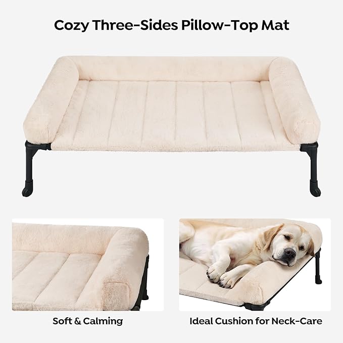 Veehoo Orthopedic Elevated Dog Bed with Fluffy Plush Bolster Cushion, Indoor Raised Dog Beds for Large Dogs, Soft Pet Sofa Cot with Removable Washable Mat, No-Slip Feet, 42 x 30 inches, Cream White