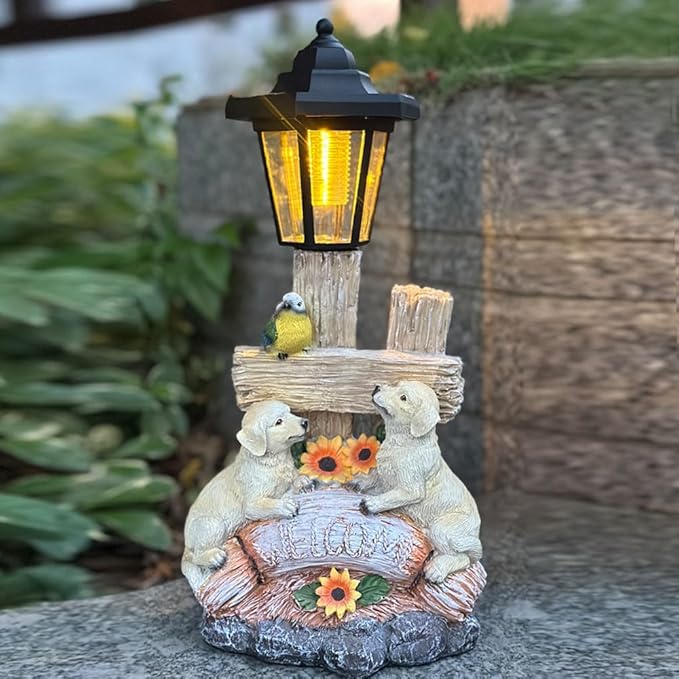 Outside Dog Statue with Solar Lantern, Garden Welcome Sign Dog Solar Figurines Light, Patio Outdoor Decoration, Balcony Lawn Decor, Unique Birthday House Warming Gift for Women, Mom, Grandma