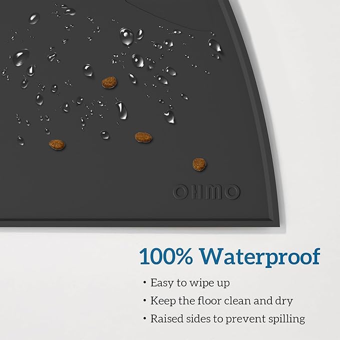 OHMO - Cat Food Mat, Silicone Pet Feeding Mat for Floor Non-Skid Waterproof Dog Water Bowl Tray, Easy to Clean Pet Placemat (Black, 20 * 12'')