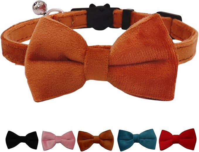 Cat Collar Breakaway with Bell and Removable Bow Tie Safety Buckle Velvet Adjustable 7-11 inches for Kitten Cats (Brown)