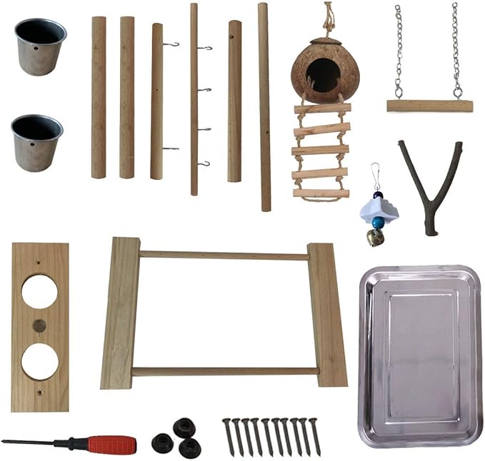 Hamiledyi Parrot Playground Bird Play Stand Natural Wood Parrot Perch Gym with Feeder Cups Cockatiel Nest with Ladder Lovebirds Cage Accessories Toy Exercise Activity Center for Cockatiel Lovebirds