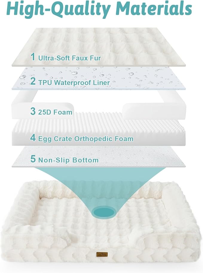 Orthopedic Dog Bed for Large Medium Size Dog, Soft and Warm Faux Fur Sofa for Pet Up to 75 lbs, Foam Bolster Anti-Slip Couch with Washable Removable Cover, L 36x27x6.5 inch, Beige