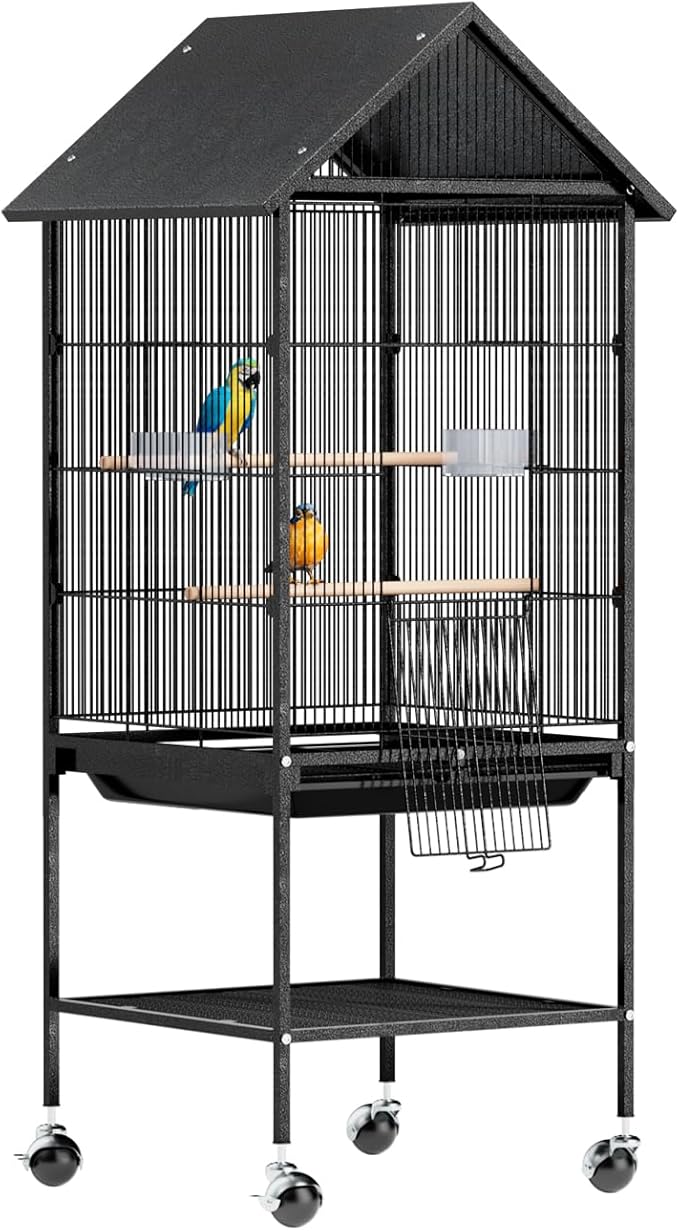 VINGLI Bird Cage with Rolling Stand for Parrots, Cockatiels, Budgies, Lovebirds, Small/Medium Birds (50" H with Spire Roof)