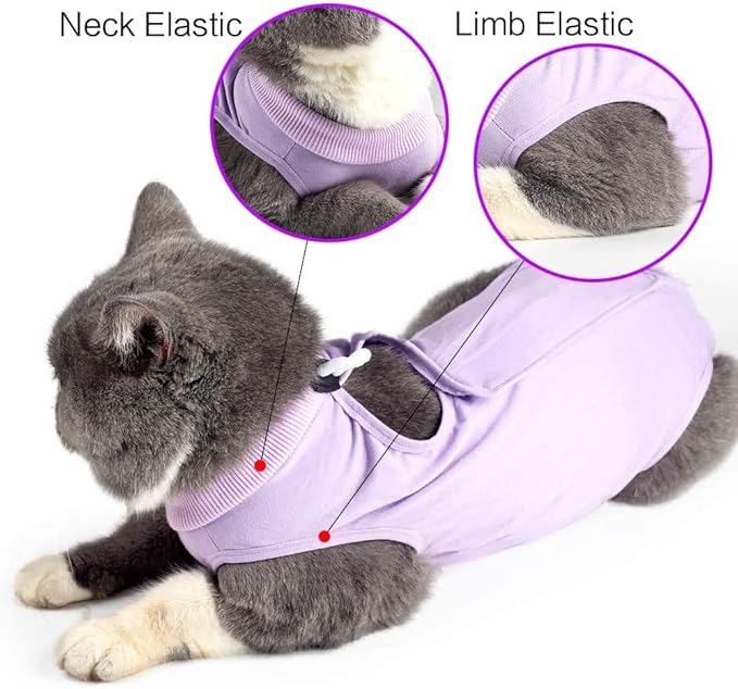 Cat Surgery Recovery Suit Cat Onesie for Cats After Surgery Spay Surgical Abdominal Wound Skin Diseases E-Collar Alternative Wear (Purple-S)