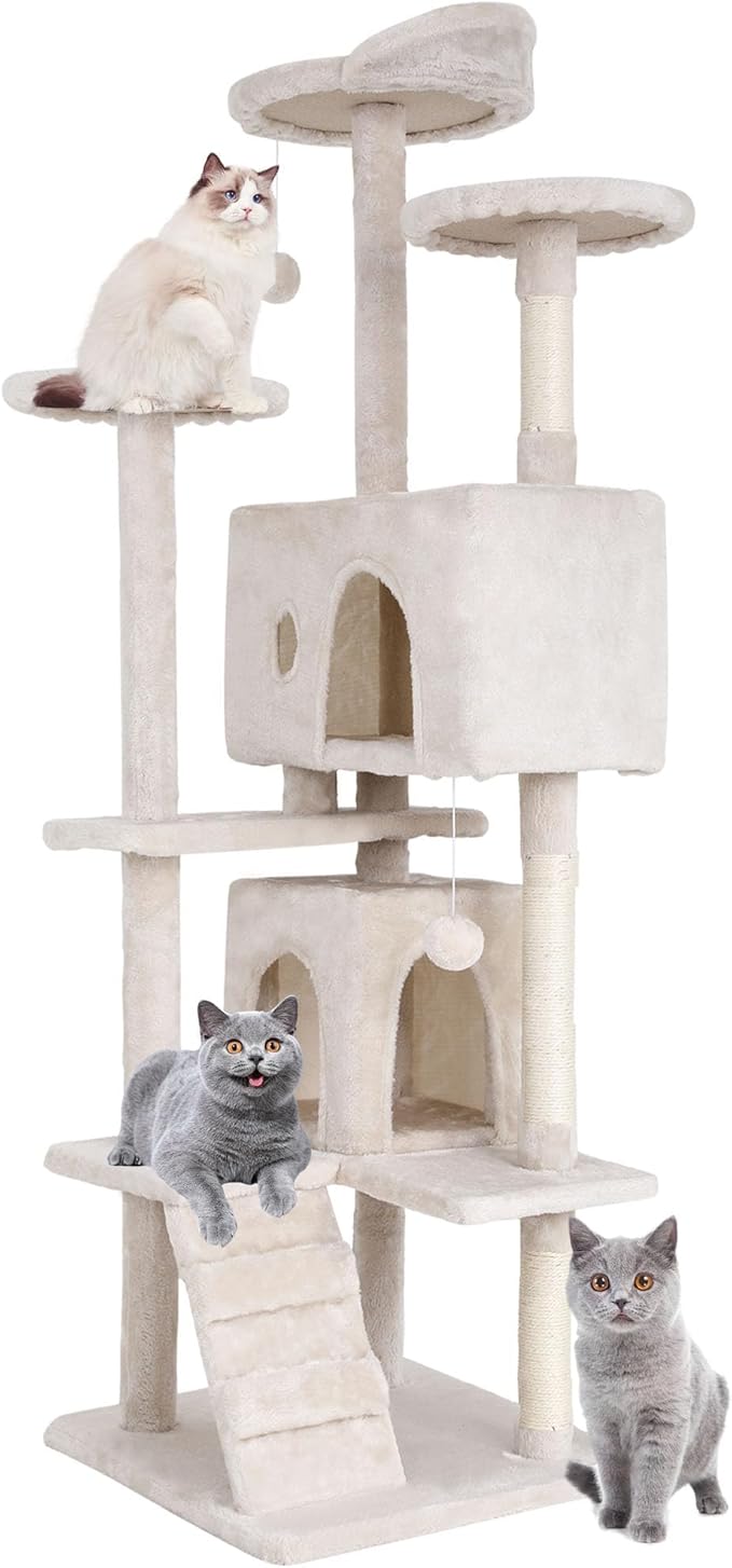 70 Inch Beige Cat Tree, Tall Cat Tower with 2 Condos, 3 Scratching Posts, Multi-Level Platforms - Sturdy Climbing Structure Tall Cat Tower for Indoor Cats