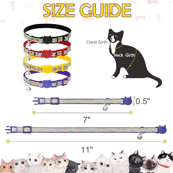 Cat Collars Breakaway with Bell - Glow in The Dark Collar 4 Pack - Fish & Cat Pattern 4 Colors for Kitty and Puppies, Adjustable from 7-11 Inch