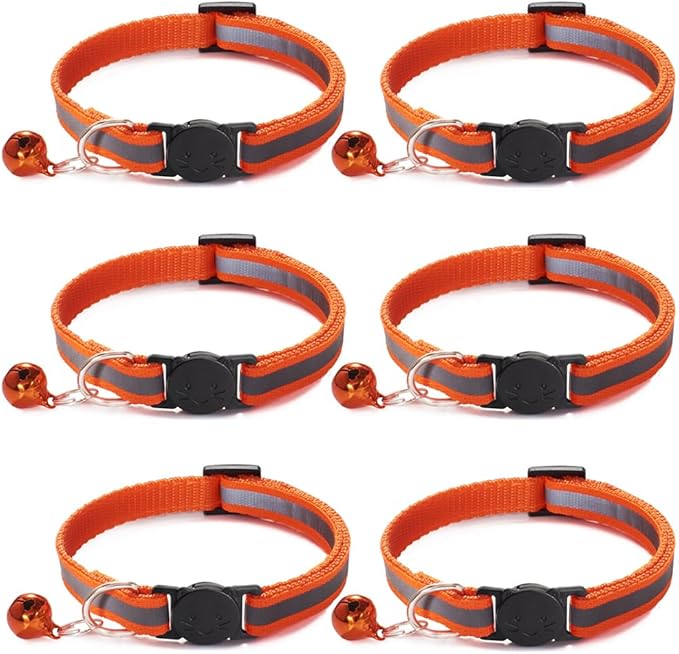 6 Pack Reflective Cat Collar with Bell, Breakaway and Safe Collars for Cats, Nylon, Pet Collar Adjustable19-32cm (Orange)