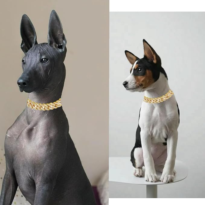 Dog Chain Designer Gold Crystal Pet Collar Cuban Link Chain with Secure Buckle Luxury Adjustable Necklacefor Small Medium Large Dogs Cats(Glod 20inch)