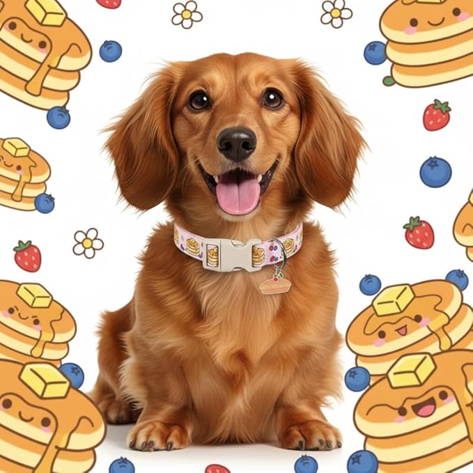 Pink Dog Collar, Girl Dog Collar with Pancake Print, Cute Spring Summer Food Collar with Soft & Breathable Fabric, Adjustable Pet Collar for Small Medium Large Dogs