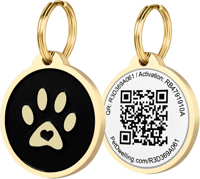 Pet Dwelling QR Code Pet ID Tag – Smart Dog & Cat ID Tags for Pet Safety, Free Personalized Online Profile, Instant Scan Alerts, AI Insights (Lux Gold Black Paw)