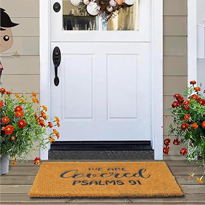 Assaoy We are Covered Psalm 91 Funny Door Mats Outside Coir Doormat for Home Entrance,Front Door mat,Indoor Entrance Embroidered Welcome Rubber Rugs Home Christmas New Year Decor 30”x 18”