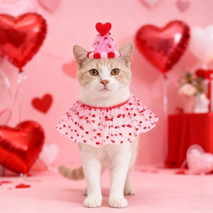 SCENEREAL Valentine's Day Cat Costume - Kitten Hat & Scarf Set, Pet Birthday Bandana Scarf Bib Holiday Outfit Party Accessories for Big Cats Puppy Small Dogs Animals