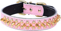 Spiked Studded Dog Collar, Genuine Leather Dog Collar, Adjustable Pet Collars for Medium Large Bulldog Pitbull Mastiff Poodle Boxer (M:29-38cm, Pink)