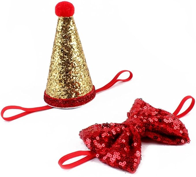 Stock Show Pet Cute Birthday Party Cone Hat and Bow tie Collar Set with Adjustable Headband and Pom-poms Topper for Small Medium Dogs Cats Pets (Red)