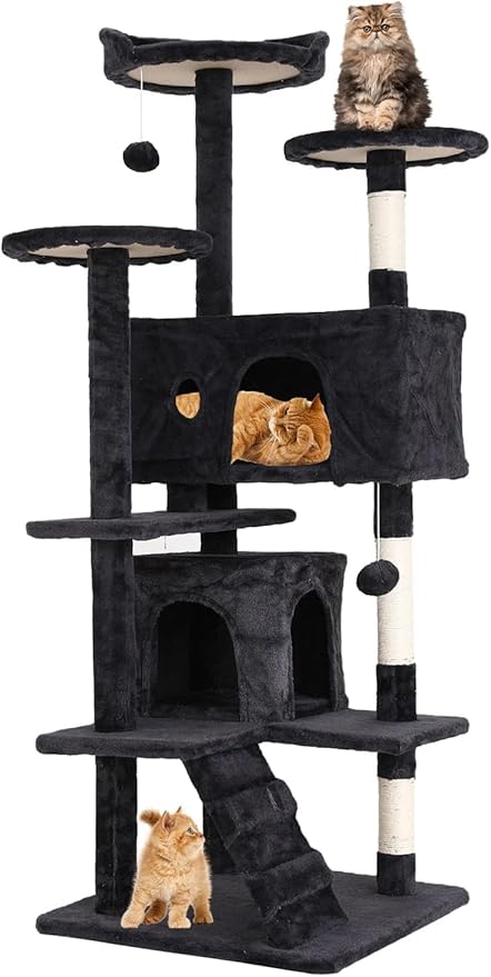 54in Cat Tree Cat Climbing Tower with Scratching Post, Cats House Perch Kitten Tree Condo Wood Playhouse, Pet Trees Tower for Indoor Cats, Dark Gray