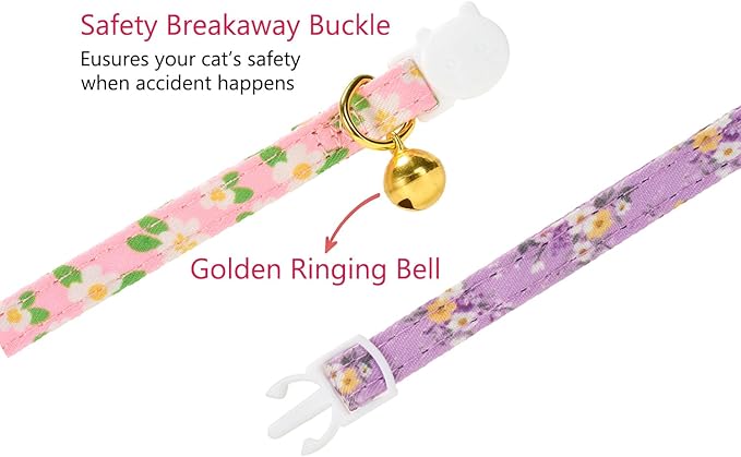 2 Pack Floral Cat Collars with Bow Tie and Bell Adjustable Breakaway Bowtie Cute Kitten Collar(Purple & Pink Flowers)