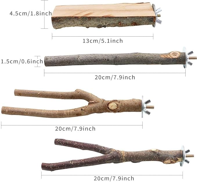 BILLIOTEAM 4 Pack Natural Wood Bird Perch Parrot Stand Branches Fork Toys,Pet Bird Cage Wooden Hanging Perch Platform Hammock Swing Toy for Small Parakeets,Budgies,Cockatiels,Conures,Finches