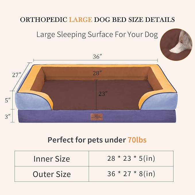 Comfort Expression Orthopedic Dog Bed for Large Dogs 36x27 Inch, Waterproof Egg Crate Foam Large Pet Bed with Removable Bolsters, Dog Couch with Washable Cover & Non-Slip Bottom, Honey Lavender