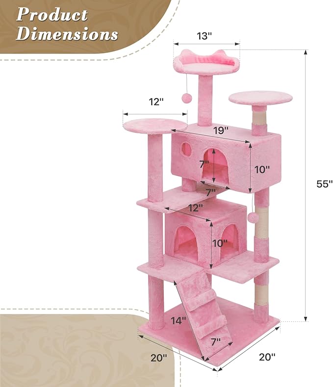 Athena Collection 54 Inch Cat Tree for Indoor Cats, Multi-Level Tower With 2 Condos, Scratching Post & Dangling Ball, Tall Climbing Center, Pink