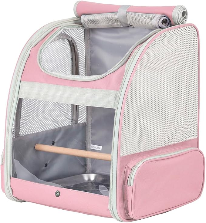 Bird Carrier Backpack with Wooden Stand Perch, Vented and Breathable Bag to Carry Parakeet Cockatiel Conure Parrot (Pink, Bird Backpack)