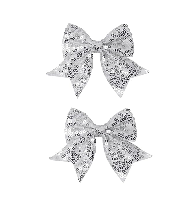 3-inch Sequined Bow Hair Clips For Baby Girls, Toddler, Kids and Young Women Birthday Party Wedding Christmas Occasions Pet Accessories Set of 2 (Silver)